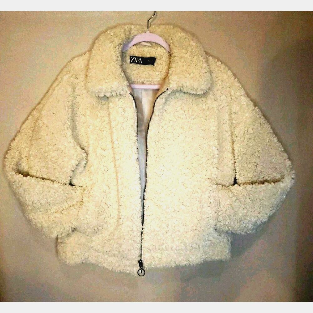 Zara M Jacket Teddy Bear Cream Zip Cropped Bomber Cozy Cabincore Winter EUC
